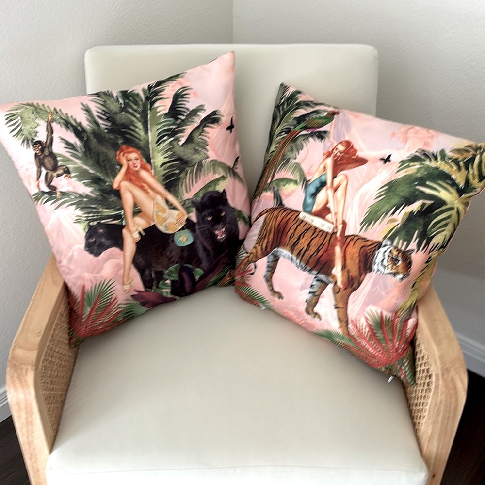 NWOT. Set of hand made jungle pin up girl pillows